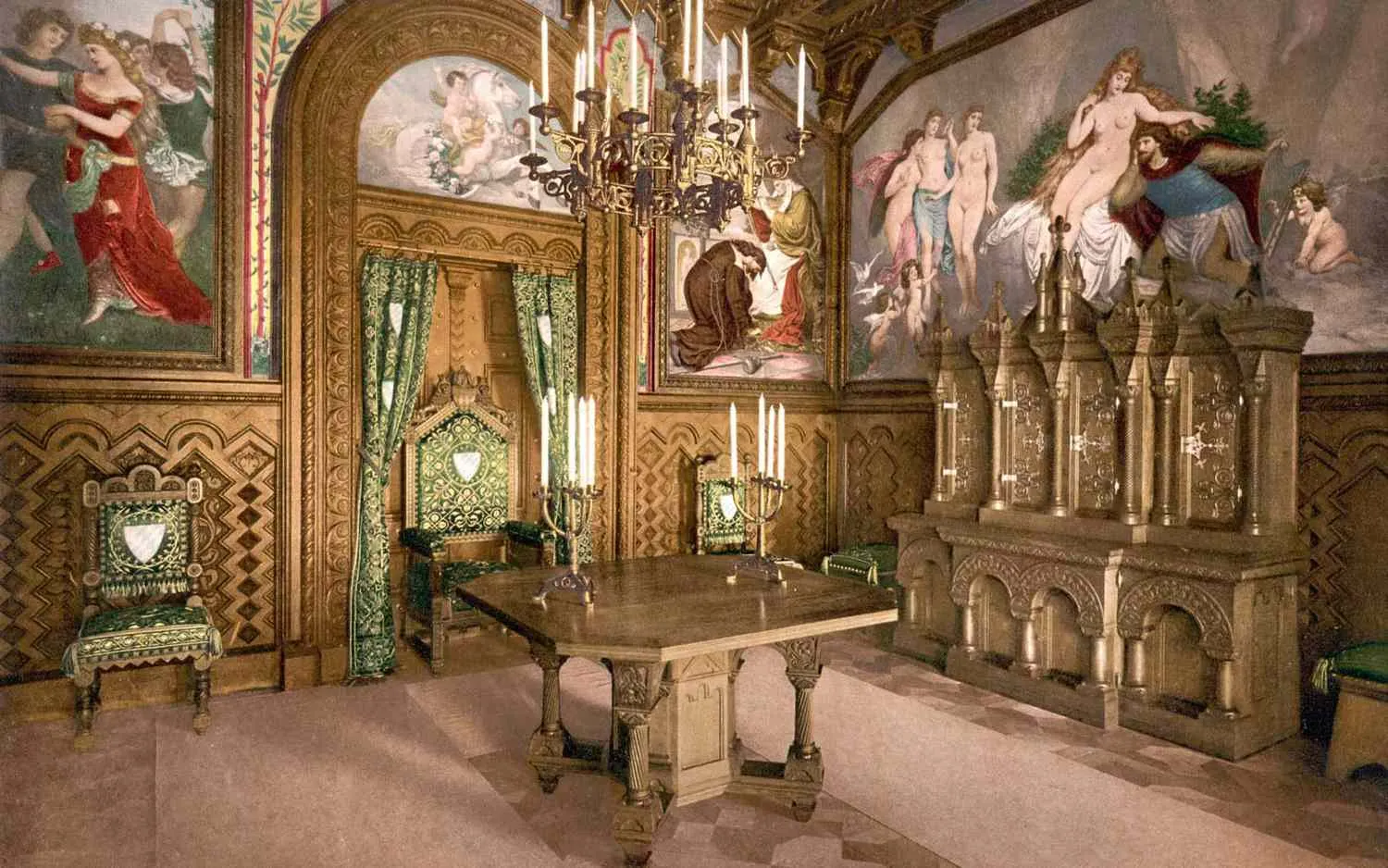 Lavishly painted murals and golden chandeliers inside Neuschwanstein Castle